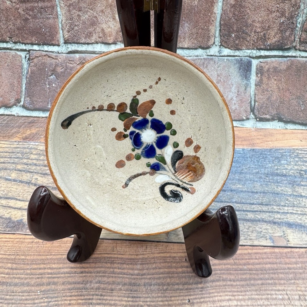 Mexican Tonala Sandstone Pottery Trinket Tray Dish Rustic Vintage Hand Painted